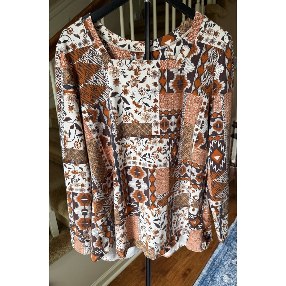 Denim & Co Patchwork Floral Geometric Square Neck Top Brown Rust 1X